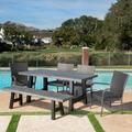 Francis Outdoor 6 Piece Stacking Wicker and Concrete Dining Set Natural Grey Black Grey