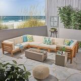 Frankie Outdoor U-Shaped 8 Seater Acacia Wood Sectional Sofa Set with Fire Pit Teak Beige and Light Gray