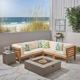 Frankie Outdoor 7 Piece Acacia Wood V-Shaped Sectional Sofa Set with Cushions and Fire Pit Teak Beige Light Gray