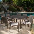 Blaine Outdoor 9 Piece Wicker Dining Set with Water Resistant Cushions Multibrown Textured Beige