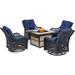 Hanover Orleans 5-Piece Fire Pit Chat Set with a 40 000 BTU Fire Pit Table and 4 Woven Swivel Gliders in Navy Blue