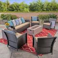 Anton Outdoor 7 Piece Wicker Chat Set with Fire Pit and Tank Holder Brown Tan Light Gray