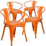 Flash Furniture Commercial Grade 4 Pack Orange Metal Indoor-Outdoor Chair with Arms