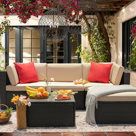 LACOO 5 Pieces Patio Sectional Set PE Rattan Outdoor All-Weather Wicker Conversation Set with Table Beige