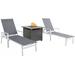 Hanover Naples 3-Piece Chaise Lounge Set featuring a 40 000 BTU Tile-Top Fire Pit Table with Burner Cover White Frame / Gray Sling