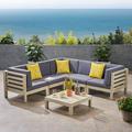 Thea Outdoor 6 Piece Acacia Wood V-Shaped Sectional Sofa Set and Cushions with Coffee Table Weathered Gray Dark Gray