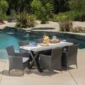 Shiloh Outdoor 7 Piece Dining Set with Concrete Rectangular Table and Wicker Dining Chairs Grey White
