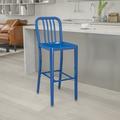 Emma + Oliver Commercial Grade 30 H Blue Metal Indoor-Outdoor Barstool with Slat Back