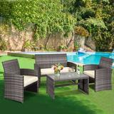 Gymax 4PCS Patio Outdoor Rattan Furniture Set Chair Loveseat Table Cushioned