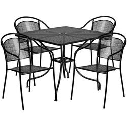 Flash Furniture Commercial Grade 35.5 Square Black Indoor-Outdoor Steel Patio Table Set with 4 Round Back Chairs