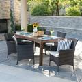 Cassius Outdoor 7 Piece Dining Set with Wood Table and Wicker Dining Chairs with Cushions Dark Brown Multi brown Beige