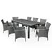 Annalise Outdoor 9 Piece Acacia Wood and Wicker Expandable Dining Set with Cushions Sandblast Dark Gray Gray Silver