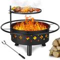 SEGMART Wood Burning Fire Pit for Outside 32 Metal Fire Pit with Mesh Screen Lid Wood Burning Fire Pit w/Poker Portable Wood Burning Fireplace Ice Pit for Backyard Patio Garden BBQ Black S7041