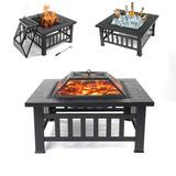Outdoor 31.3 Fire Pit for Patio Square Steel Fire Pit with Mesh Screen Lid Outdoor Metal Fire Pit with Poker Multifunctional Heater/Grill/Ice Pit for Backyard Patio Garden BBQ Grill S7045