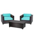 3 Piece Patio Furniture Set with Set of 2 Wickered Patio Arm Chair and Coffee Table in Espresso and Aruba