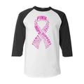 Shop4Ever Men s Pink Ribbon Montage Word Cloud Breast Cancer Raglan Baseball Shirt X-Small White/Black