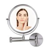 Ovente 8.5 Lighted Wall Mount Makeup Mirror 1X & 10X Magnifier Adjustable Double Sided Round LED Extend Retractable & Folding Arm Compact & Cordless Battery Powered Nickel Brushed MFW85BR1X10X