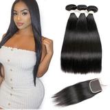 Brazilian Straight Virgin Hair 3 Bundles With Closure Free Part 14 16 18 with 14 Closure 100% Unprocessed Remy Human Hair Extensions Hair Weft Weave With Lace Closure Natural Color