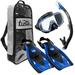 TUSA Sport Adult Visio Tri-Ex Mask Dry Snorkel and Fins Travel Set Black/Metallic Blue Medium