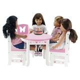 Emily Rose 18 Inch Doll Table and 4 Chairs Kitchen Furniture Set | Lovely Pink and White Table and 4 Chair Value Pack Doll Dining Set with Beautiful Butterfly Motif | Fits American Girl Dolls