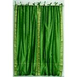 Lined-Forest Green Tie Top Sheer Sari Curtain / Drape - 43W x 120L - Pair