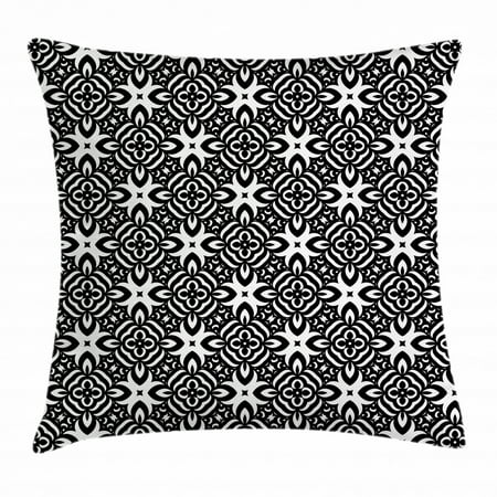 Black and White Throw Pillow Cushion Cover Abstract Checkered Pattern Design with Monochrome Floral Details Vintage Decorative Square Accent Pillow Case 16 X 16 Inches Black White by Ambesonne