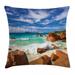 Tropical Throw Pillow Cushion Cover Exotic Rocky Coast with Wave Seychelles Island Paradise Beach Scenery Decorative Square Accent Pillow Case 24 X 24 Inches Cinnamon Blue Turquoise by Ambesonne