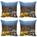 Modern Throw Pillow Cushion Case Pack of 4 Sunset at London England Cityscape Night Time and Tower Bridge Landmark Urban Modern Accent Double-Sided Print 4 Sizes Yellow Bluegrey by Ambesonne