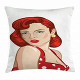 Pin up Girl Throw Pillow Cushion Cover Vintage Portrait of a Ginger Lady with Retro Style Rolled Hair Decorative Square Accent Pillow Case 16 X 16 Inches Ruby Scarlet and Pale Peach by Ambesonne