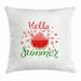 Hello Summer Throw Pillow Cushion Cover Cartoon Design Print and a Seemingly Juicy Watermelon Slice with Seeds Funky Decorative Square Accent Pillow Case 16 X 16 Inches Multicolor by Ambesonne