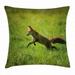 Fox Throw Pillow Cushion Cover Red Fox Jumping Running in Fresh Green Grass Daytime Nimble Clever Ferocious Canine Decorative Square Accent Pillow Case 16 X 16 Inches Green Brown by Ambesonne