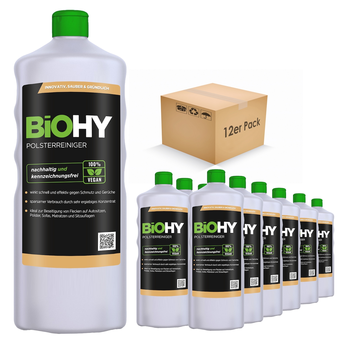 BiOHY Spezial Polsterreiniger (12x1l Flasche) | Ideal für Autositze, Sofas, Matratzen etc. | Ebenfalls für Waschsauger geeignet Image