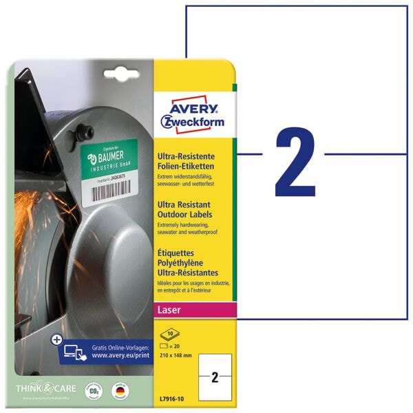 Avery Zweckform 20% AKTION: Ultra-Resistente 148x210 mm (DIN A5) Folien-Etiketten L7916-10 weiß Image