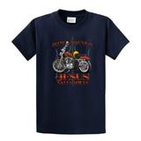 Christian Biker T-Shirt Helmets Save Lives Jesus Saves Souls-Navy-Medium