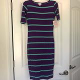 Lularoe Dresses | Lularoe Julia Pencil Dress Striped Purple Nwt Xxs | Color: Green/Purple | Size: Xxs