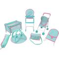 KOOKAMUNGA KIDS 6 Pc Baby Doll Stroller Set - Baby Doll Accessories - Baby Doll Playset w/Doll Crib Stroller High Chair & Feeding Tray - Playpen - Bouncer - Diaper Bag - Activity Mat - Ages 3+ (Blue)