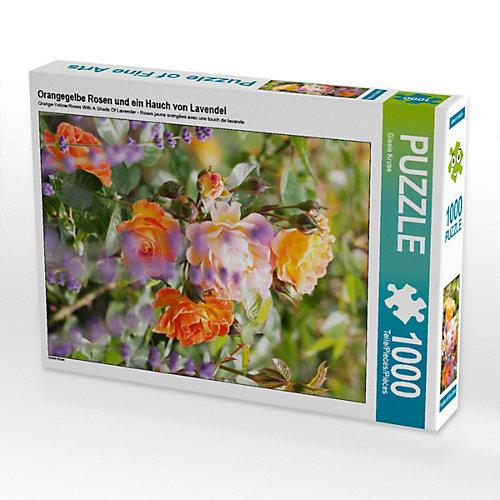 Puzzle Orangegelbe Rosen und ein Hauch von Lavendel Foto-Puzzle Bild von Gisela Kruse Puzzle