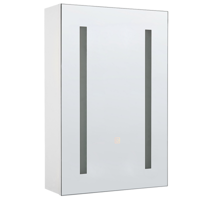 Bad Spiegelschrank Weiß Sperrholzplatte 1 türig 40 x 60 cm mit LED-Licht Fächern Wandeinbau Modern Trendy Badezimmer Möb