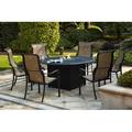 Three Posts™ Heathcote 7-Piece Patio Propane Fire Pit Dining Set w/ Cushions & 60" Round Fire Pit Dining Table Metal in Brown | Wayfair