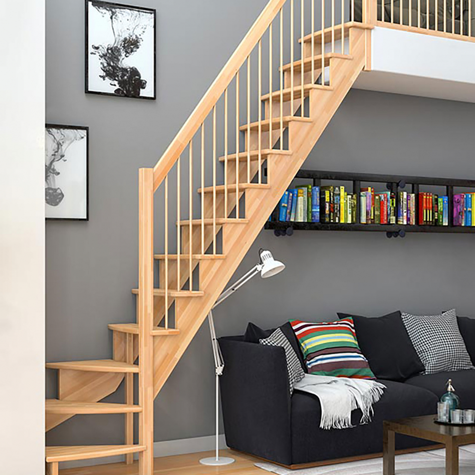 DOLLE Raumspartreppe Wangentreppe Lyon, 75 cm, 1/4 gewendelt,Buche,Holzgeländer rechts,unbehandelt Image