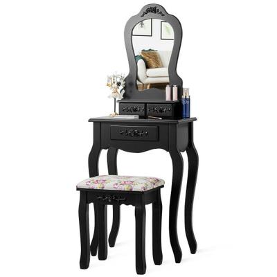 Costway Makeup Dressing Table and Bench 3 Drawers and Cushioned Stool for Girls-Black