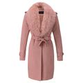 Giolshon Women's Faux Suede Long Jacket Lapel Belted Coat Trench Outwear Cardigan with Detachable Faux Fur Collar FF20 Pink XL