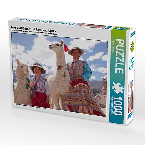 Puzzle CALVENDO Puzzle Frau und Mädchen mit Lama und Alpaka - 1000 Teile Foto-Puzzle glückliche Stunden Kinder
