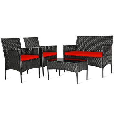 Costway 4 Pcs Patio Rattan Cushioned Sofa Furniture Set with Tempered Glass Coffee Table-Red