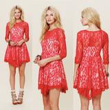Free People Dresses | Free People Floral Lace Mesh Dress | Color: Red | Size: 2