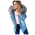 Women Denim Coat，Lady Plus Velvet Winter Warm Jacket, Long Sleeved Parka Outwear With Faux Fur-Trimmed Collar