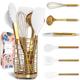 White Silicone and Gold Cooking Utensils Set with Gold Utensil Holder: 17PC Set Includes White & Gold Measuring Cups and Spoons Set,White Utensils Set,Gold Spatula,Gold Whisk -Gold Kitchen Accessories