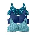 Plus Size Women's 3-Pack Front-Close Cotton Wireless Bra by Comfort Choice in Deep Teal Assorted (Size 40 G)