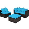 Costway 4 Pcs Ottoman Garden Deck Patio Rattan Wicker Furniture Set Cushioned Sofa-Turquoise