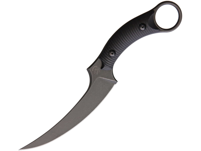 Bastinelli Creations Mako Knife 8.75in Overall 4.75in Black Stonewash N690Co Steel Curved Blade Black Grooved G10 Handle Finger Ring Black Kydex